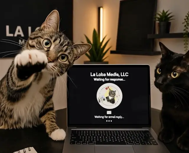 Two cats beside a laptop displaying the La Loba Media identity