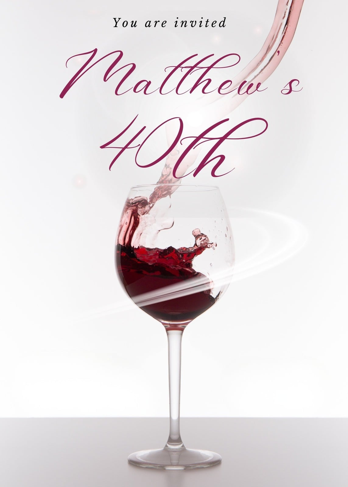 Original portrait invitation with burgundy wine pouring into a glass for Matthew's 40th birthday