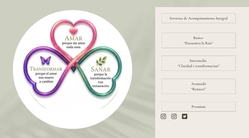 Original Ser Vida services design with an infinity-shaped Amar, Transformar, and Sanar illustration beside four accompaniment levels