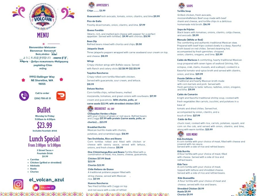 Three-panel El Volcán Azul menu showing buffet and lunch promotions, appetizers, breakfast, soups, kids items, contact details, and floral branding