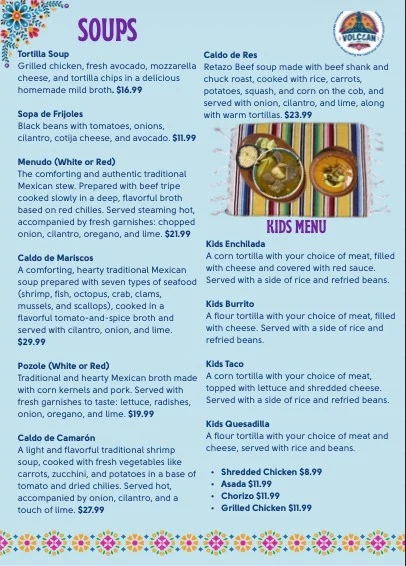 El Volcán Azul Soups and Kids Menu page with priced dishes, a photograph of two bowls, the restaurant mark, and a floral border